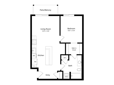 A floor plan of a house with a living room, kitchen, bathroom, and bedroom.